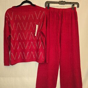 Red Soft Knit Sweater with Rhinestones pantsuits